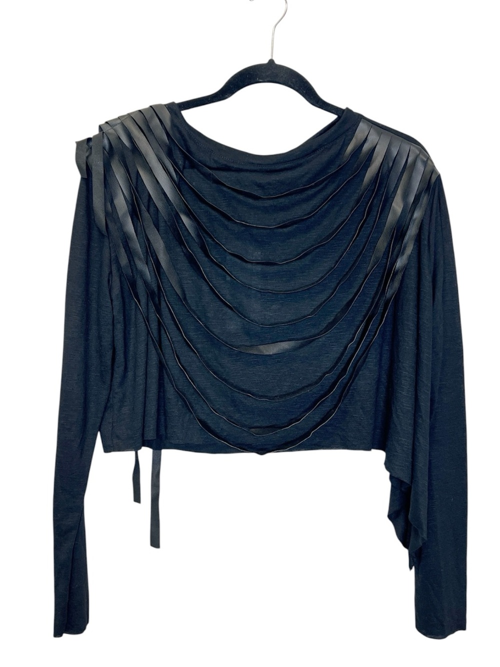 METAMORPHOZA Alt Girl Faux Leather Strip Fringe Assymetic Black Crop Top size S